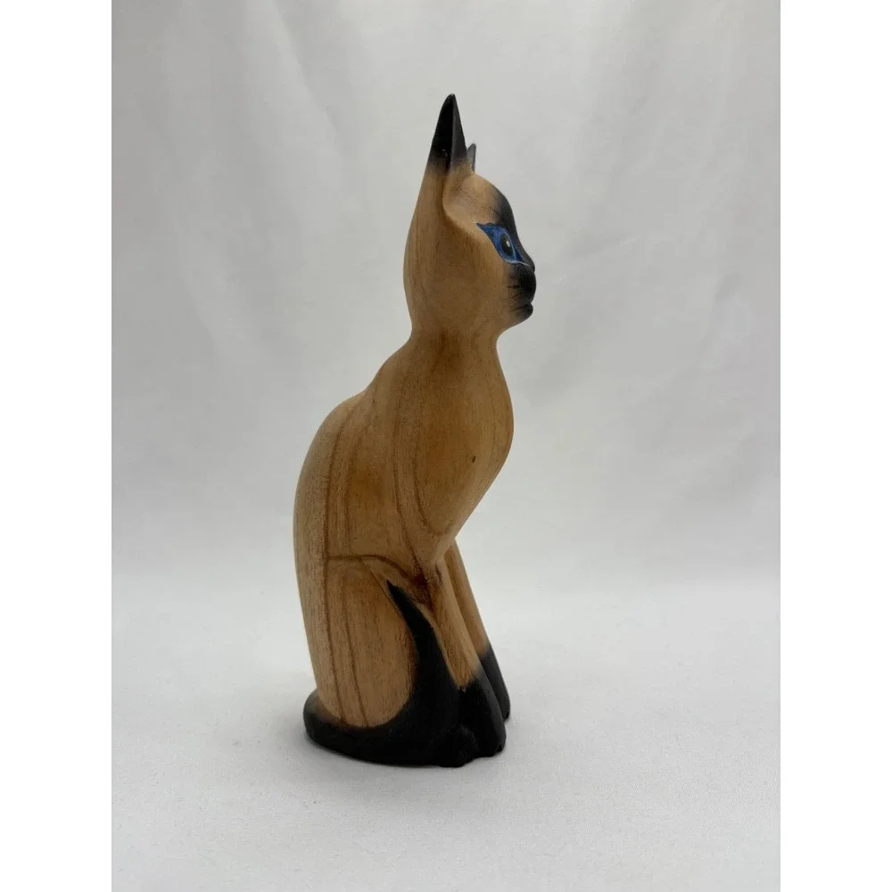 7'' Wood Siamese Cat Hand Carved Painted Figurine Made in Indonesia Blue Eyes